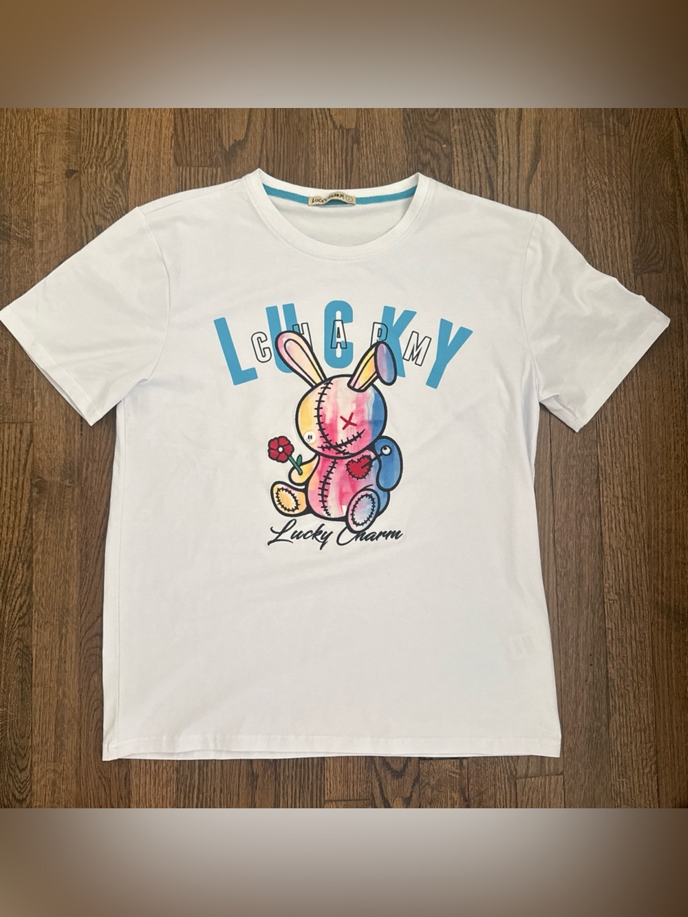 BKYS Mens Streetwear Lucky Charm Bunny Embroidered Graphic Light Blue T-Shirt L